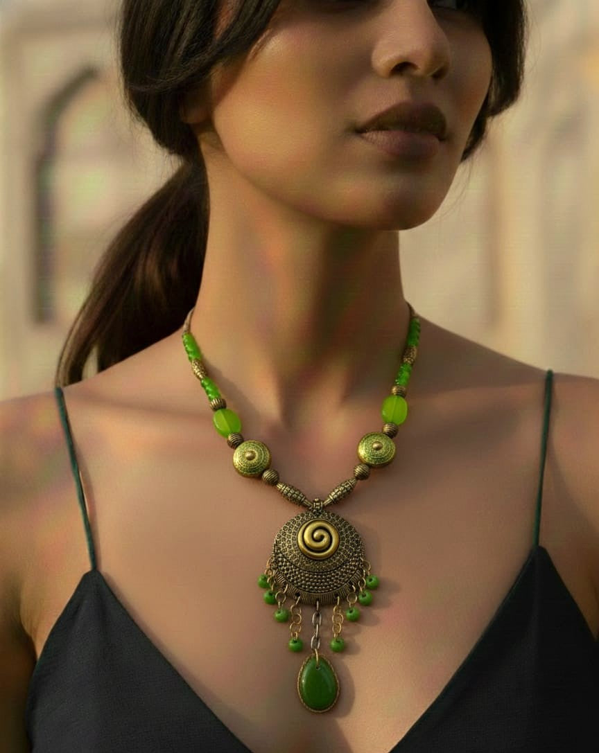 Emerald Spiral Tribal Necklace