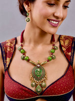 Meenakari Green Enamel Kundan Teardrop Necklace — handcrafted ethnic necklace India by HeerMaya
