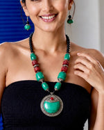 Tibetan Emerald Green Chunky Bead Moon Pendant Necklace
