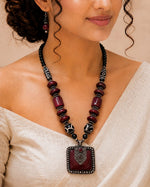 Maroon Square Jade Tibetan Bead Necklace — handcrafted tribal necklace India by HeerMaya