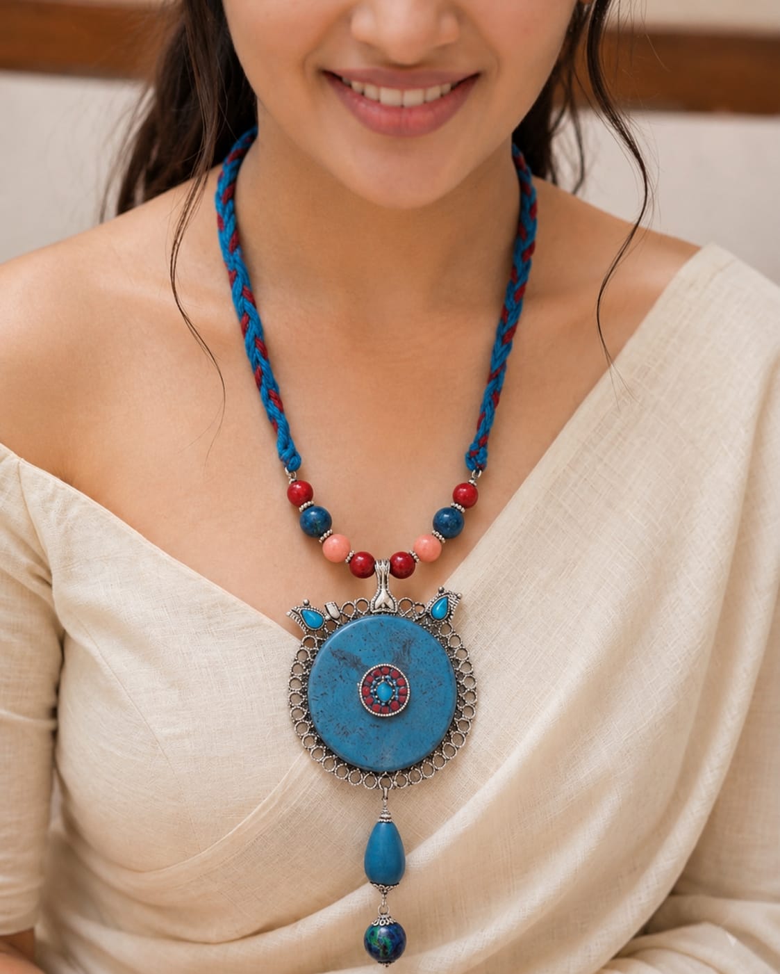 Tibetan Turquoise Disc Pendant Necklace — handcrafted tribal necklace India by HeerMaya