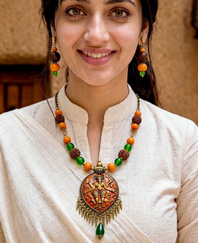 Brass Dancing Ganesha Terracotta Rudraksha Bead Necklace — handcrafted temple necklace India by HeerMaya