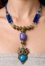 Antique Brass Owl Lapis Blue Bead Necklace — handcrafted ethnic necklace India by HeerMaya