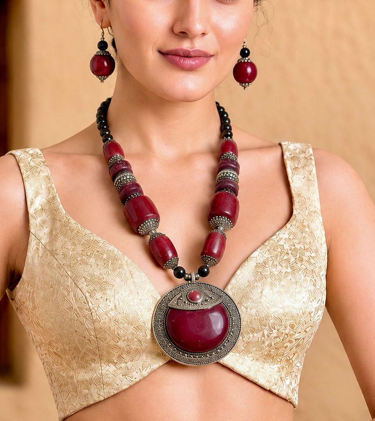Tibetan Ruby Chunky Bead Moon Pendant Necklace