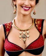 Anaya Antique Gold Enamel Rosette Torque Choker Necklace Set for Women