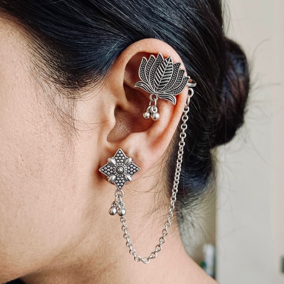 Oxidised Lotus Ear Cuff Chain Stud Set — handcrafted tribal jewellery set India by HeerMaya