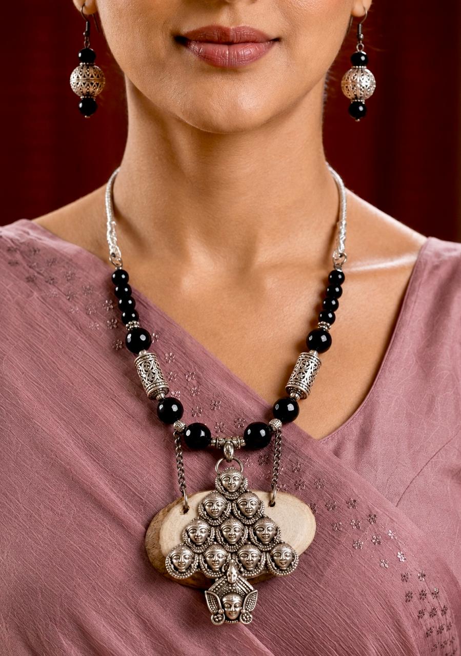 Gulnaar Oxidised Silver Filigree Bead Necklace Set