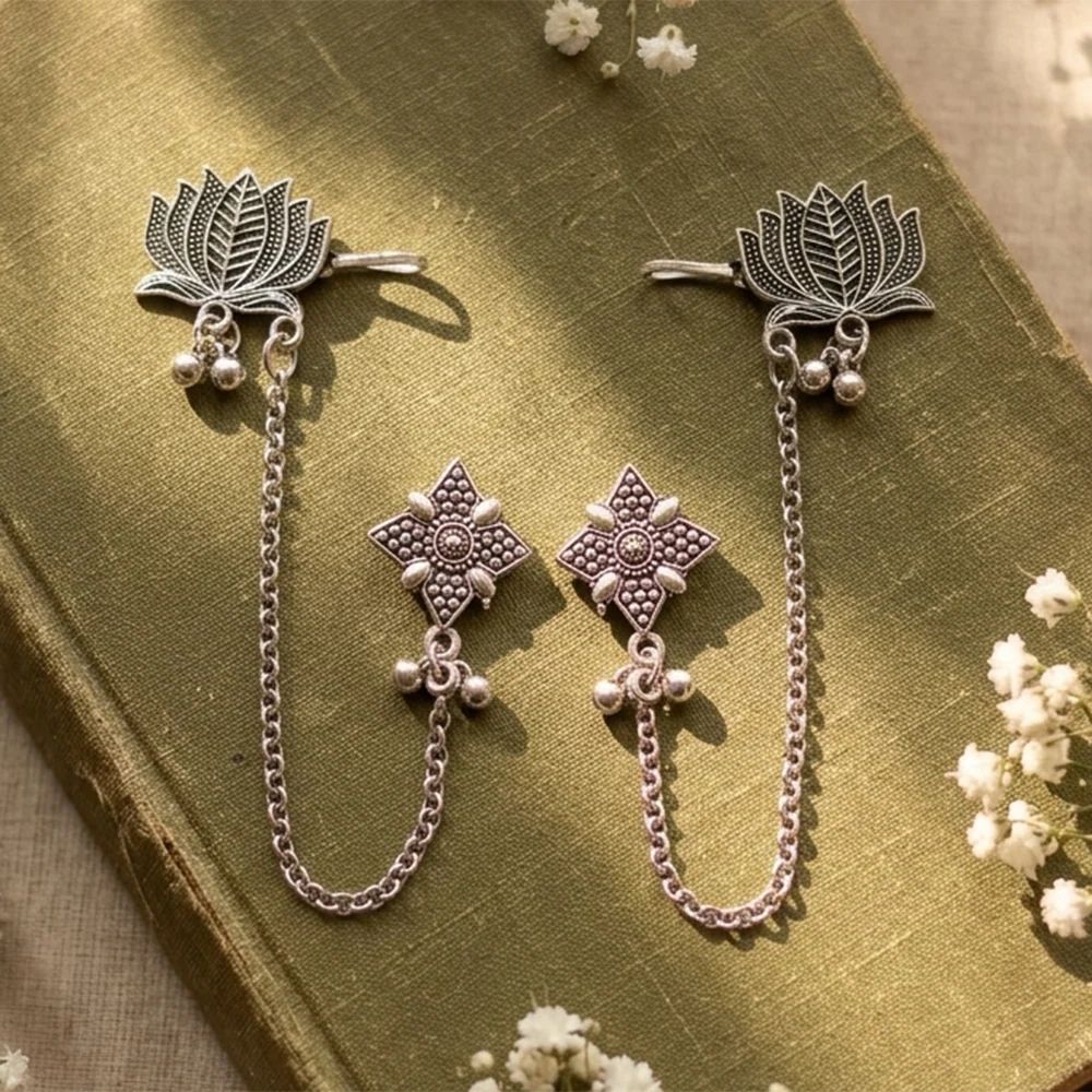 Oxidised Lotus Ear Cuff Chain Stud Set