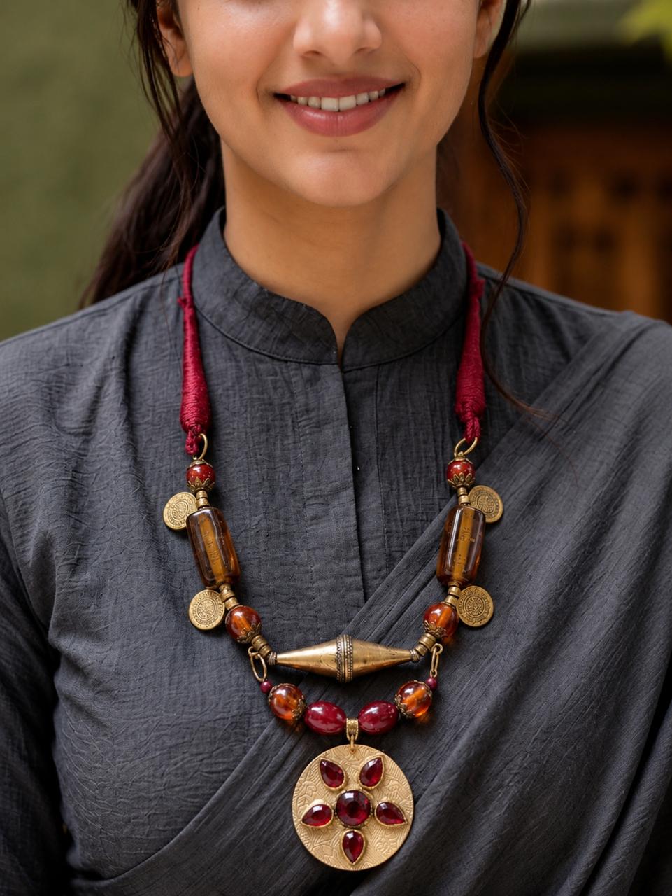 Crimson Carnelian Sunburst Pendant Necklace