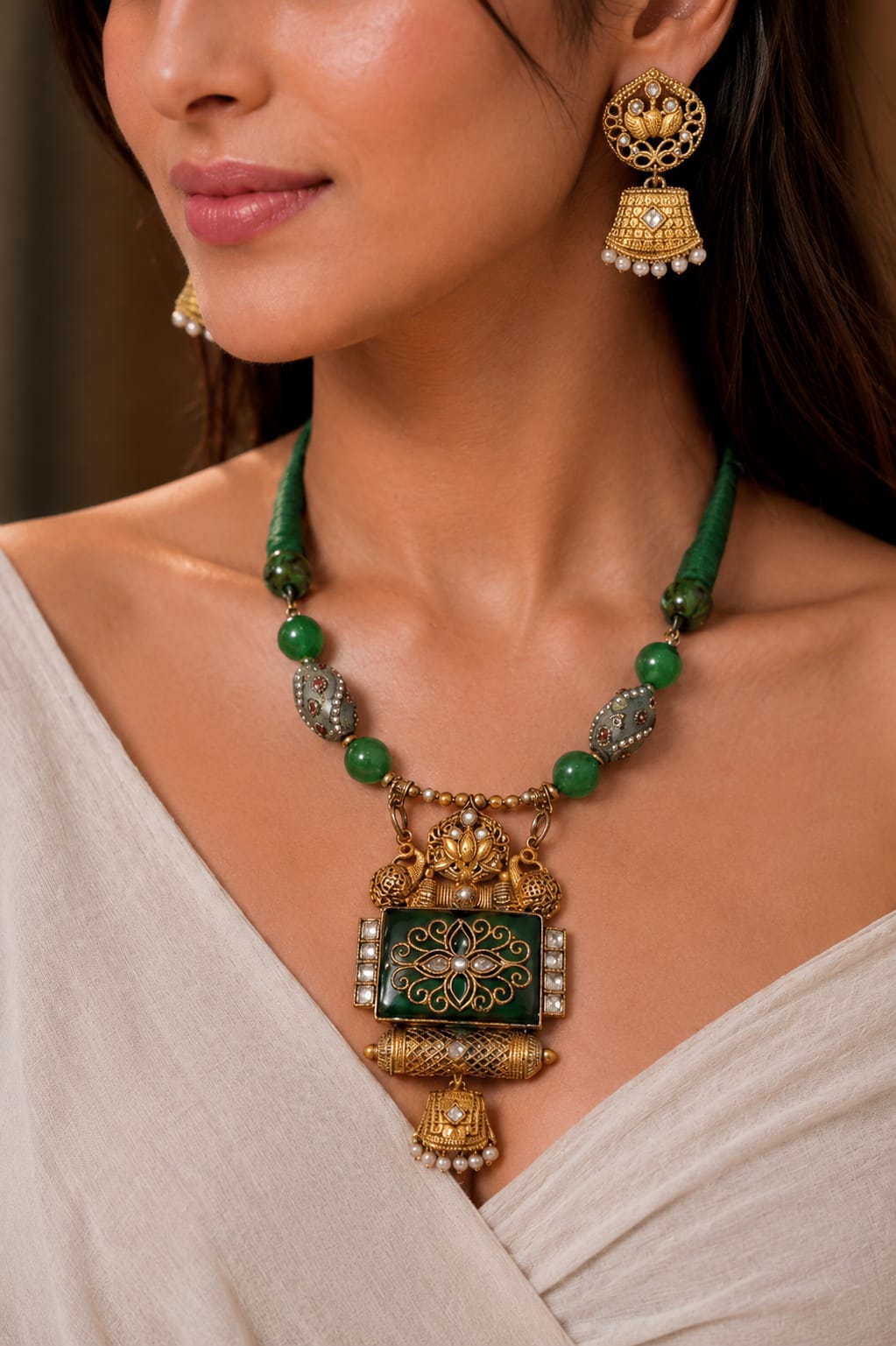 Kundan Green Jade Lotus Gold Temple Necklace — handcrafted temple necklace India by HeerMaya