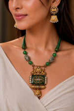 Kundan Green Jade Lotus Gold Temple Necklace — handcrafted temple necklace India by HeerMaya
