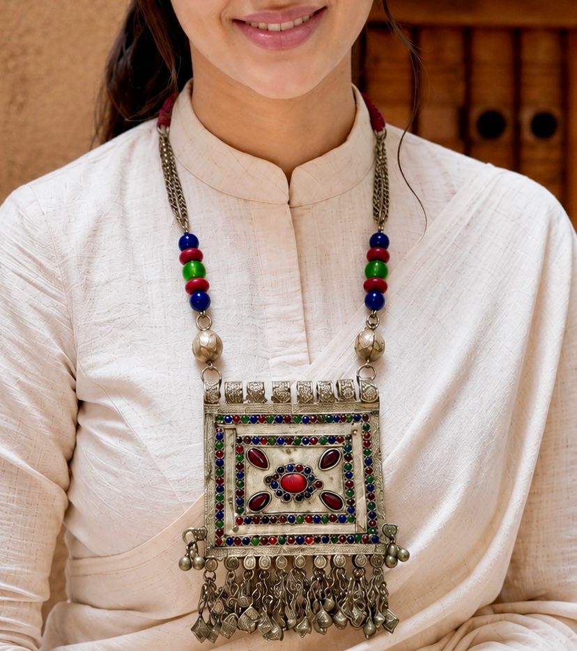 Afghan Kuchi Rectangle Multistone Chain Tassel Necklace