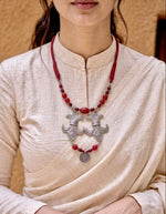 Oxidised Silver Fleur Crescent Coral Bead Necklace