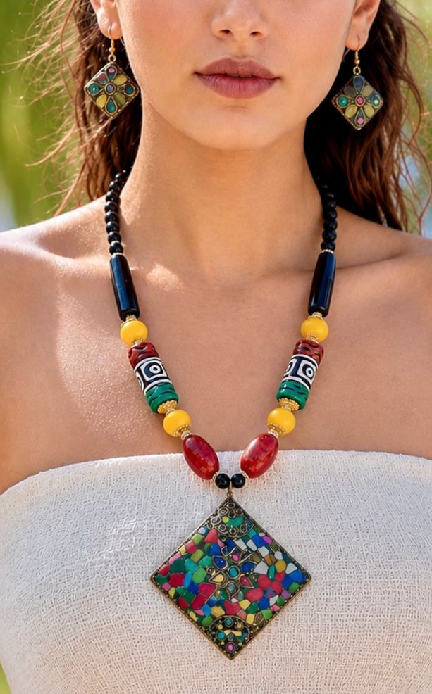 Tibetan Mosaic Diamond Pendant Multicolour Bead Necklace