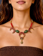 Chandrika Antique Gold Red Green Crescent Statement Necklace for Women
