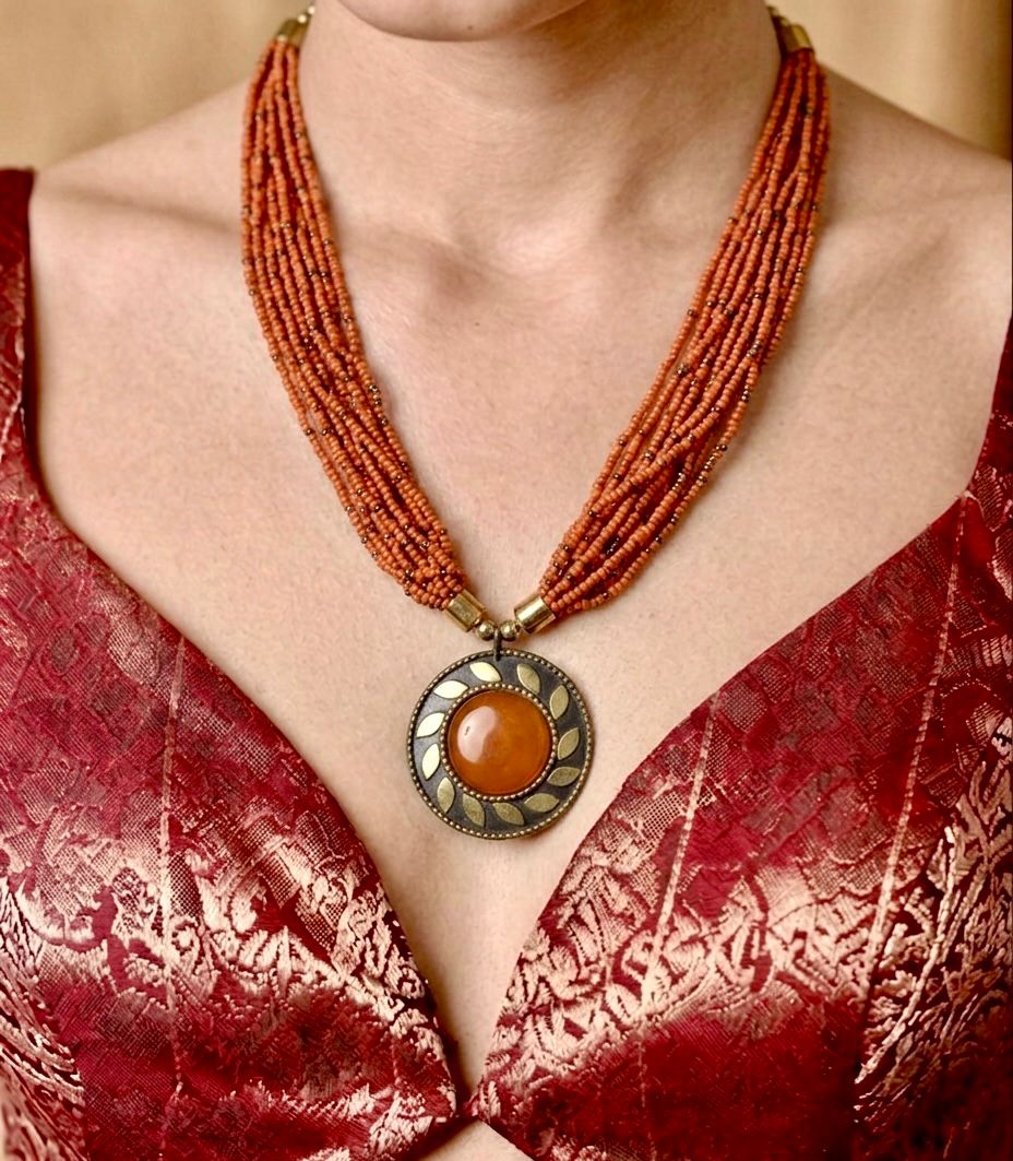 Amber Carnelian Seed Bead Multi-Strand Necklace — handcrafted ethnic necklace India by HeerMaya