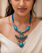 Oxidised Lakshmi Turquoise Barrel Bead Necklace — handcrafted temple necklace India by HeerMaya