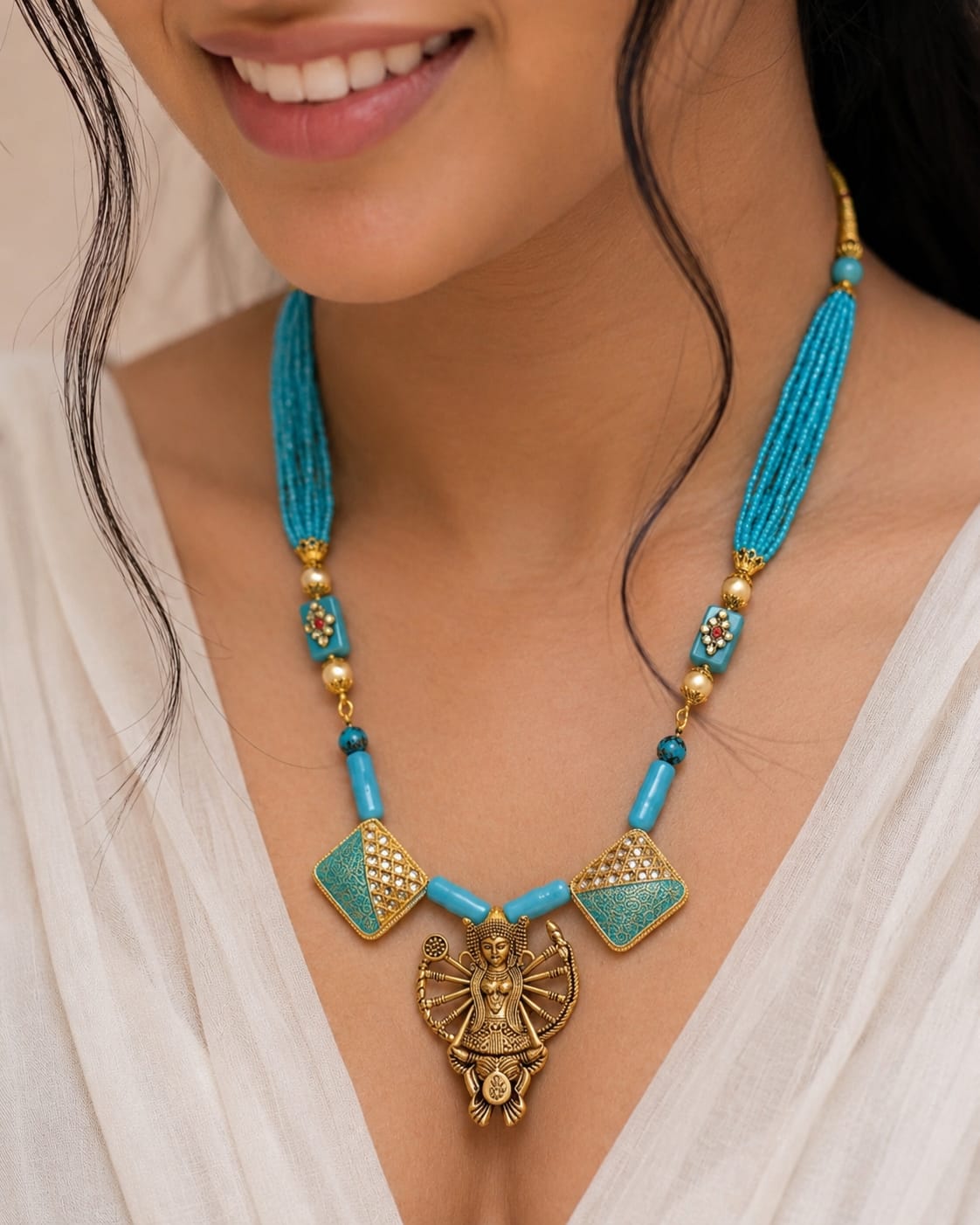 Turquoise Meenakari Durga Gold Bead Necklace — handcrafted temple necklace India by HeerMaya