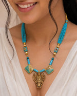 Turquoise Meenakari Durga Gold Bead Necklace — handcrafted temple necklace India by HeerMaya