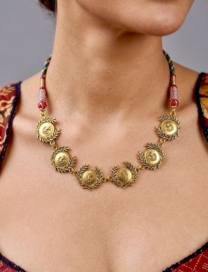 Gold Anchor Laurel Wreath Coin Braided Cord Necklace — handcrafted ethnic necklace India by HeerMaya