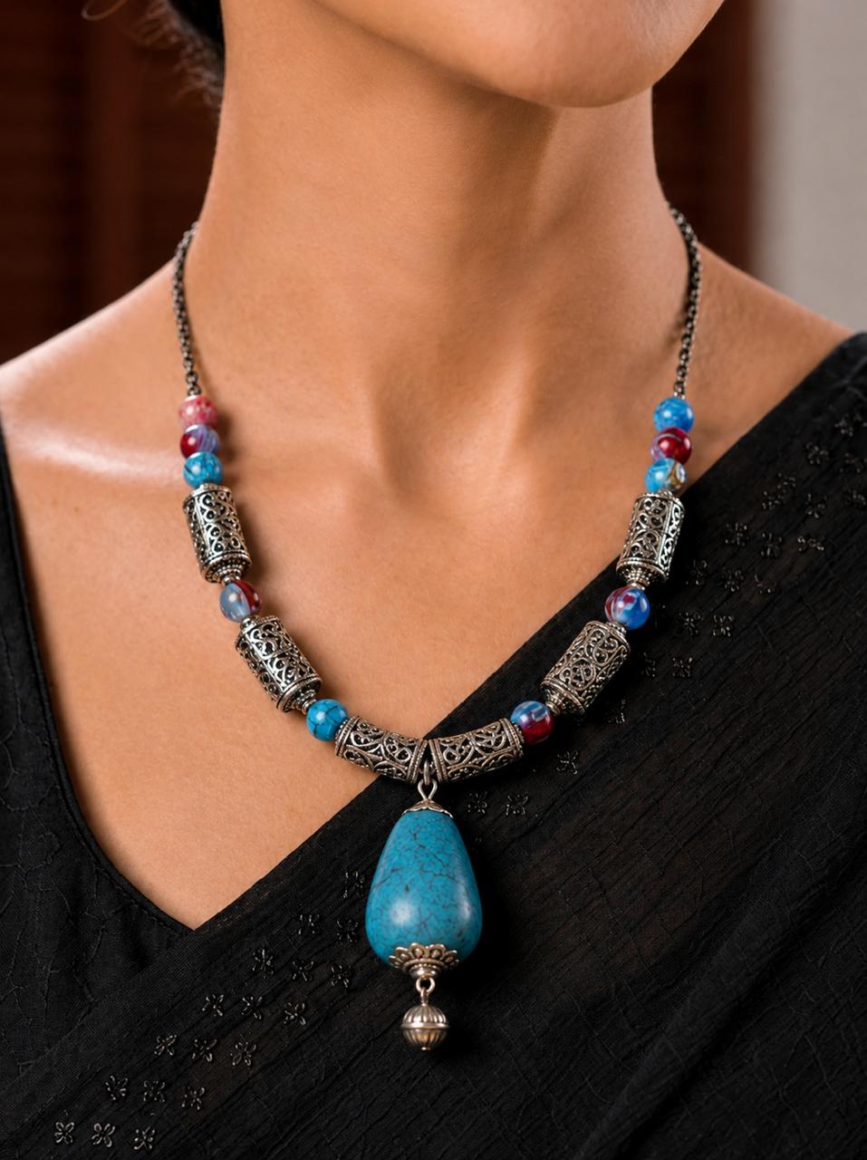 Zeenat Turquoise Drop Oxidised Silver Necklace