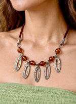 Silver Oval Frame Fringe Amber Glass Bead Necklace