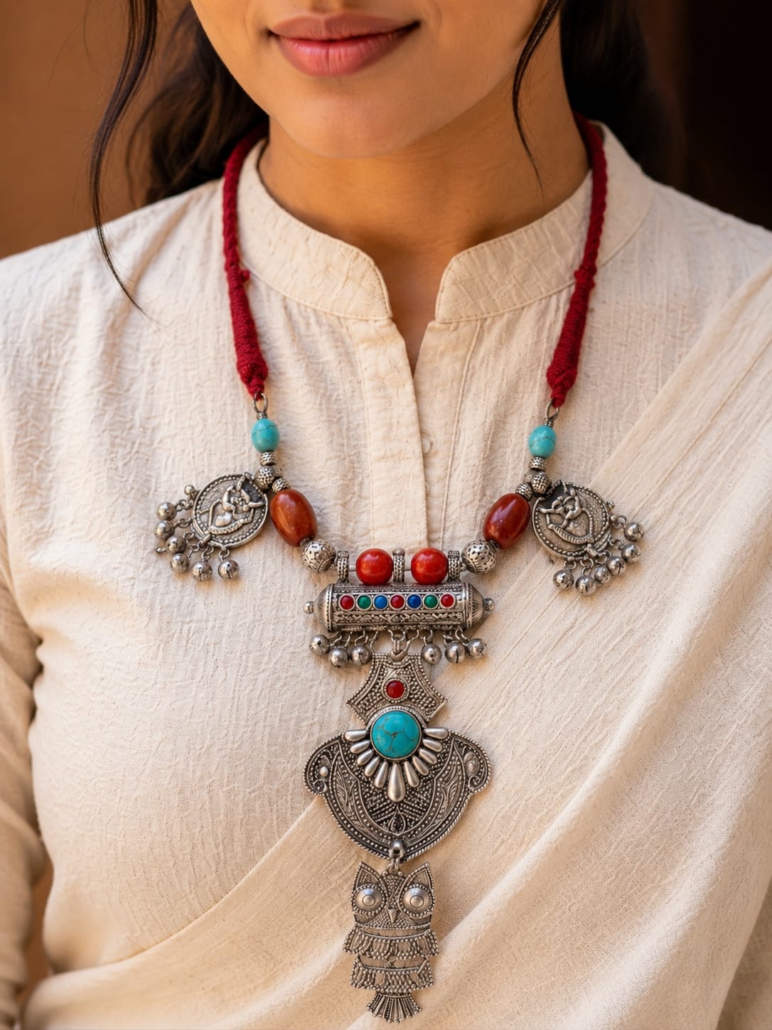 Afghan Tribal Owl Amulet Multistone Necklace — handcrafted tribal necklace India by HeerMaya