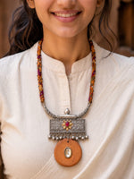 Terracotta Disc Oxidised Silver Bar Ghungroo Necklace — handcrafted tribal necklace India by HeerMaya