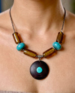 Dark Wood Disc Turquoise Stone Amber Glass Bead Necklace
