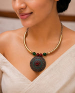 Tibetan Mandala Teal Enamel Torque Necklace — handcrafted tribal necklace India by HeerMaya