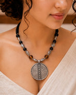 Oxidised Circle Medallion Lava Bead Necklace — handcrafted tribal necklace India by HeerMaya