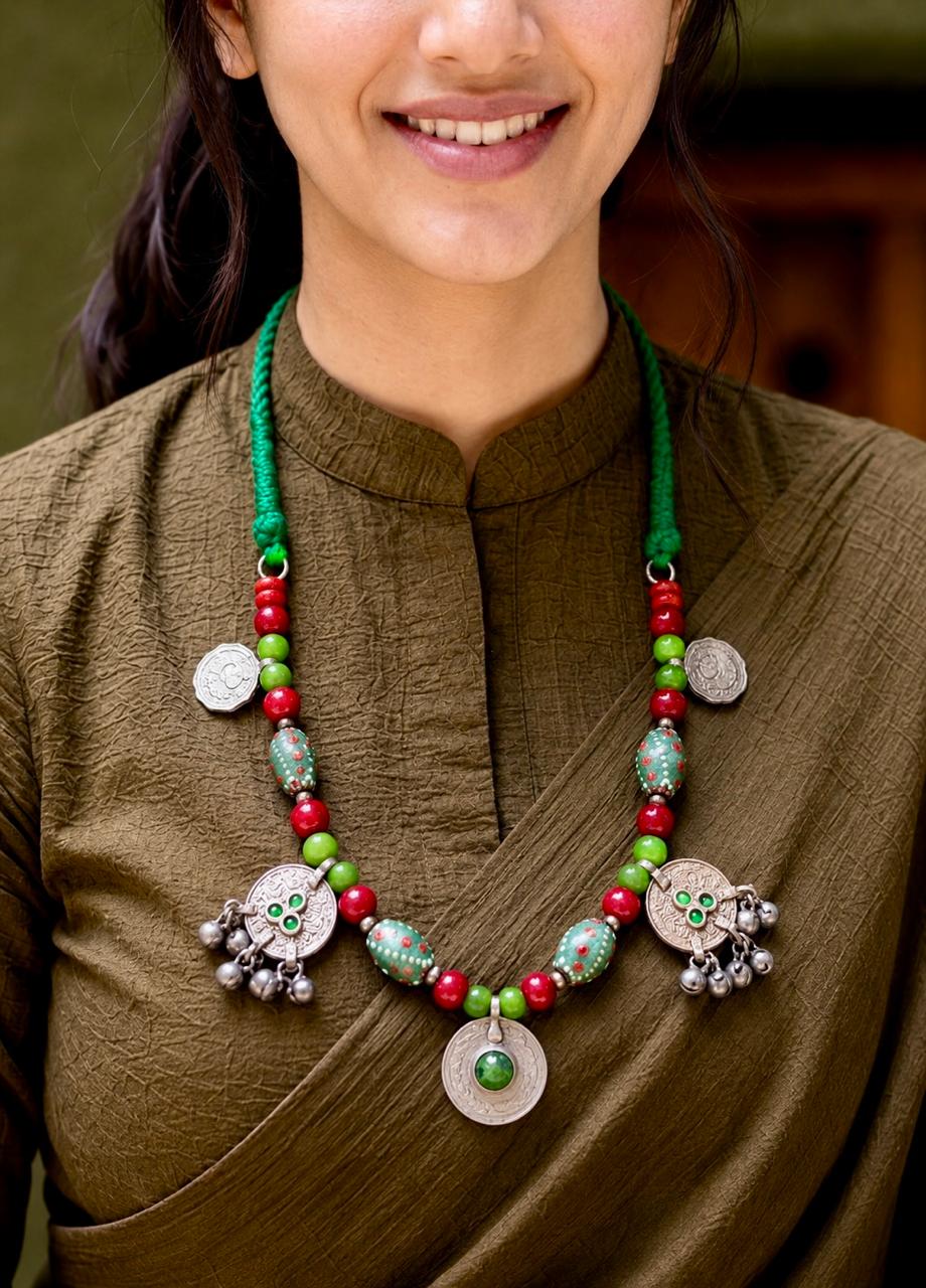 Meadow Bloom Green Coral Tribal Necklace