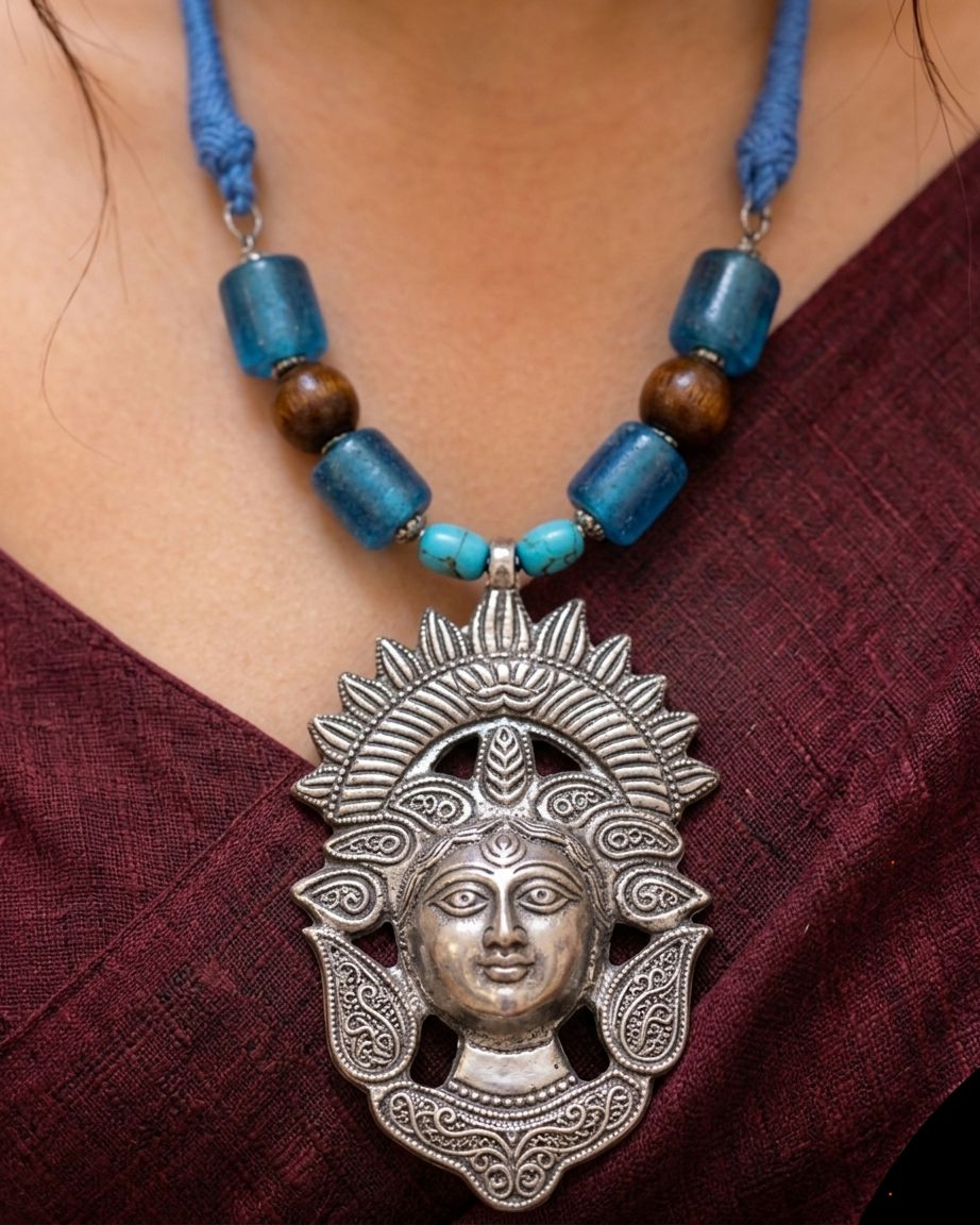 Oxidised Surya Devi Face Turquoise Bead Necklace — handcrafted temple necklace India by HeerMaya