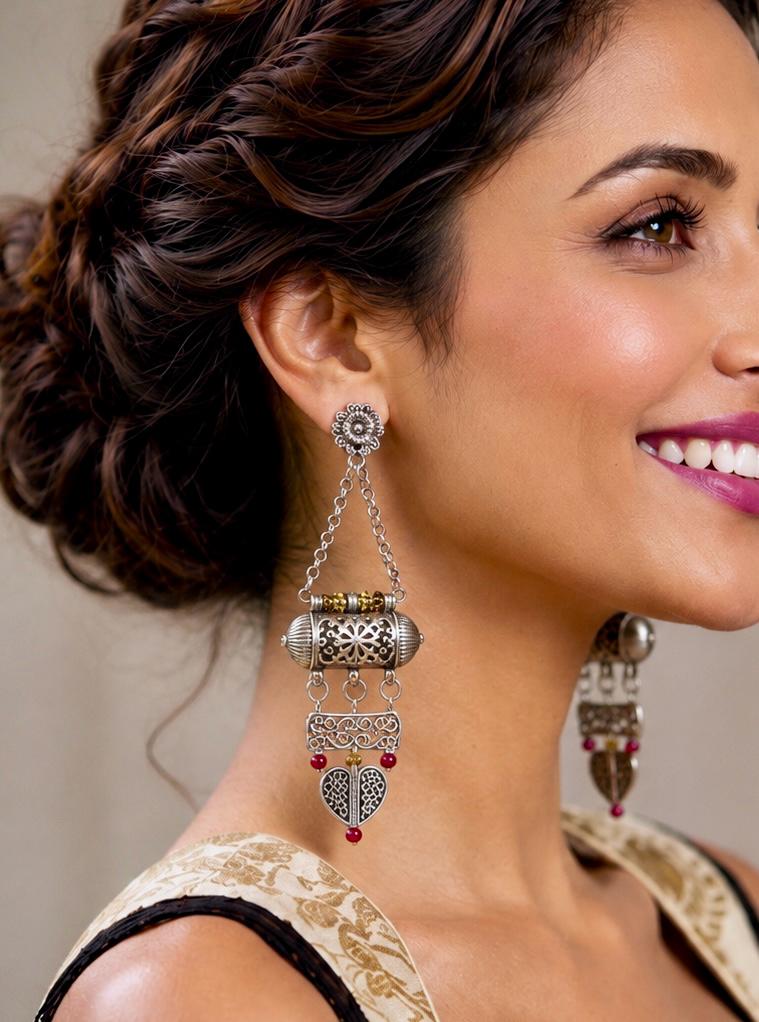 Taveez Oxidised Silver Amulet Chandelier Earrings