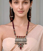 Oxidised Cylinder Amulet Coral Bead Tassel Necklace
