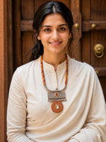 Terracotta Disc Oxidised Silver Bar Ghungroo Necklace