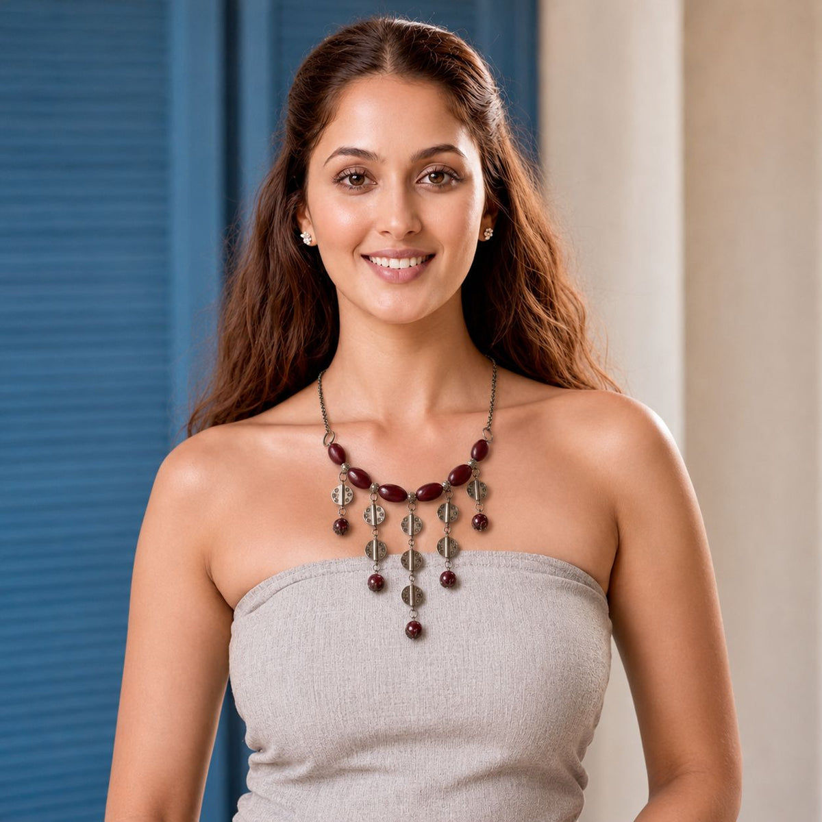 Oxidised Disc Fringe Maroon Bead Necklace