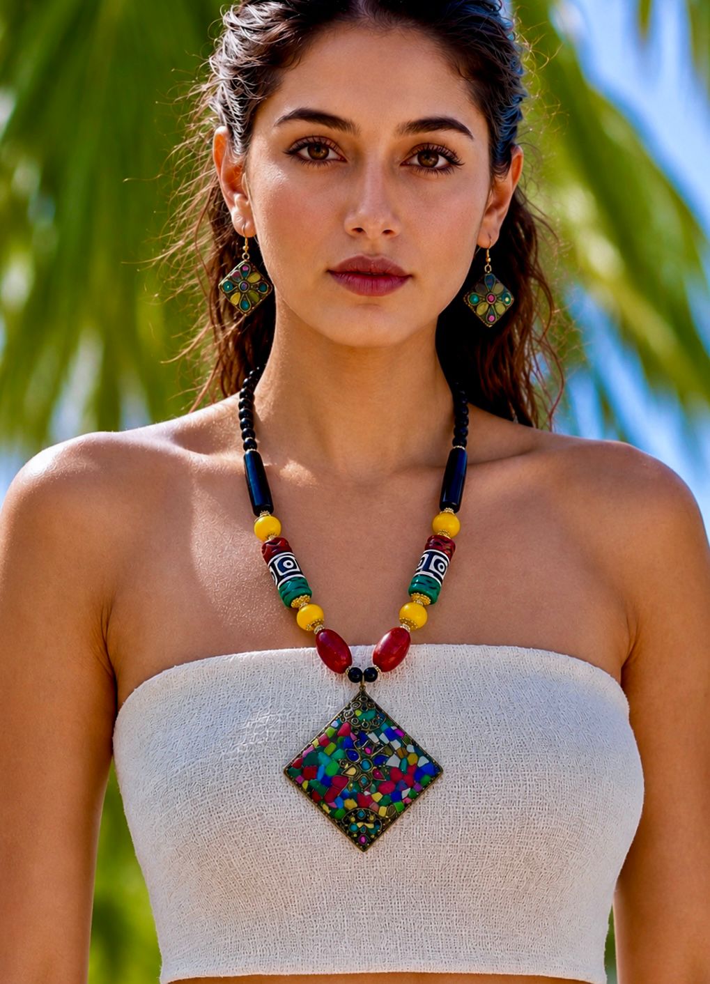 Tibetan Mosaic Diamond Pendant Multicolour Bead Necklace