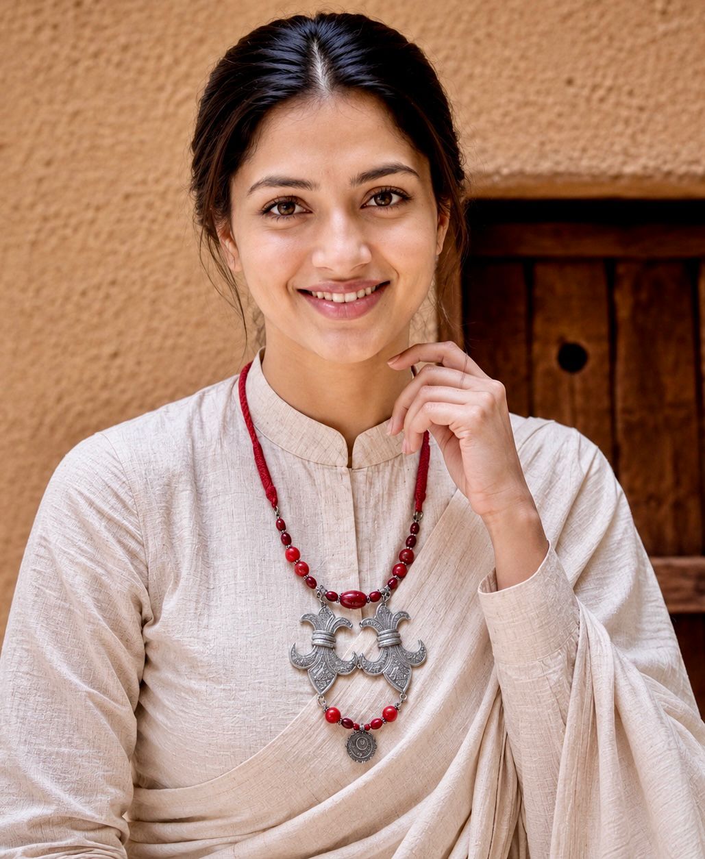 Oxidised Silver Fleur Crescent Coral Bead Necklace