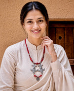 Oxidised Silver Fleur Crescent Coral Bead Necklace