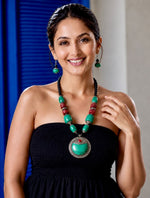 Tibetan Emerald Green Chunky Bead Moon Pendant Necklace