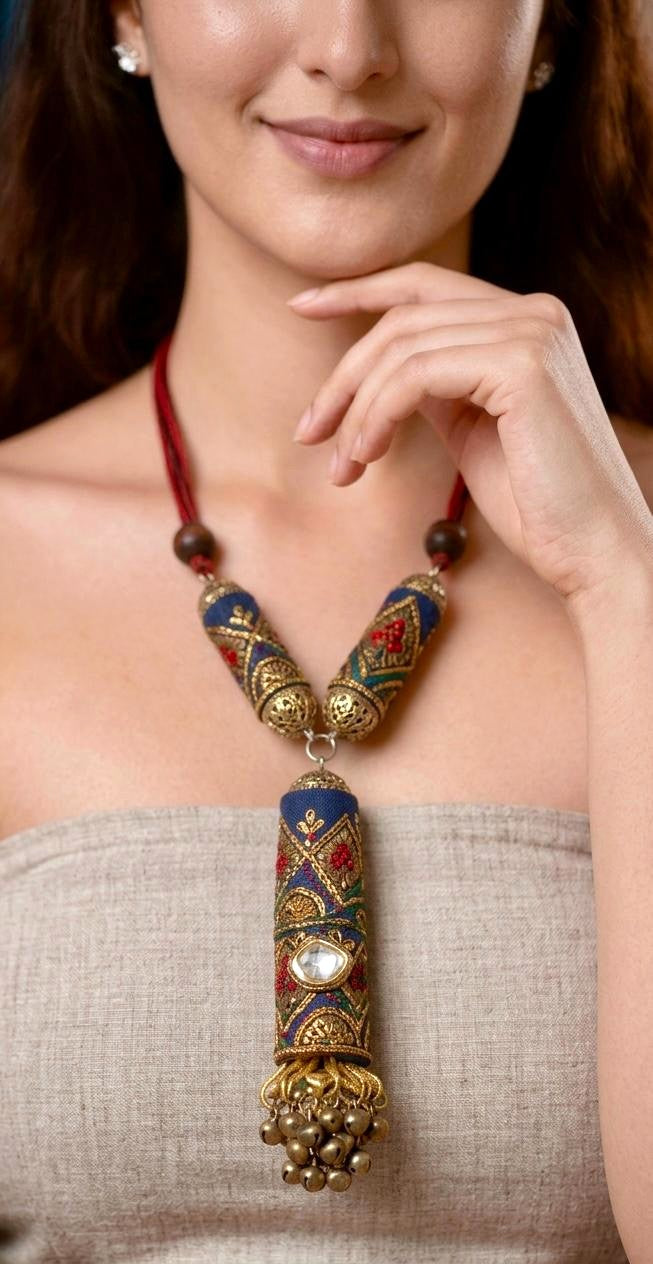 Nomadic Embroidered Cylinder Tribal necklace