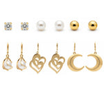 Gold Heart Moon Pearl 6-in-1 Earrings Set