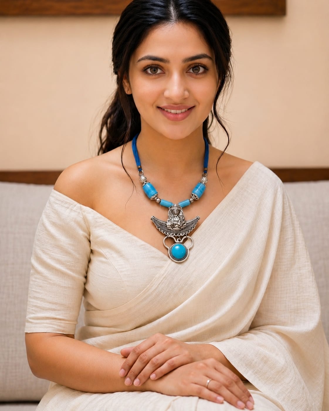 Oxidised Lakshmi Turquoise Barrel Bead Necklace