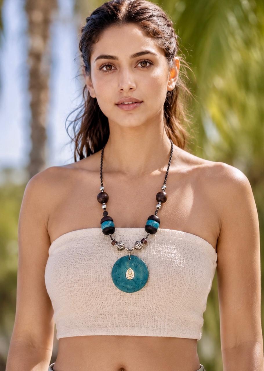Nilaya Turquoise Medallion Wood Bead Long Tribal Necklace for Women