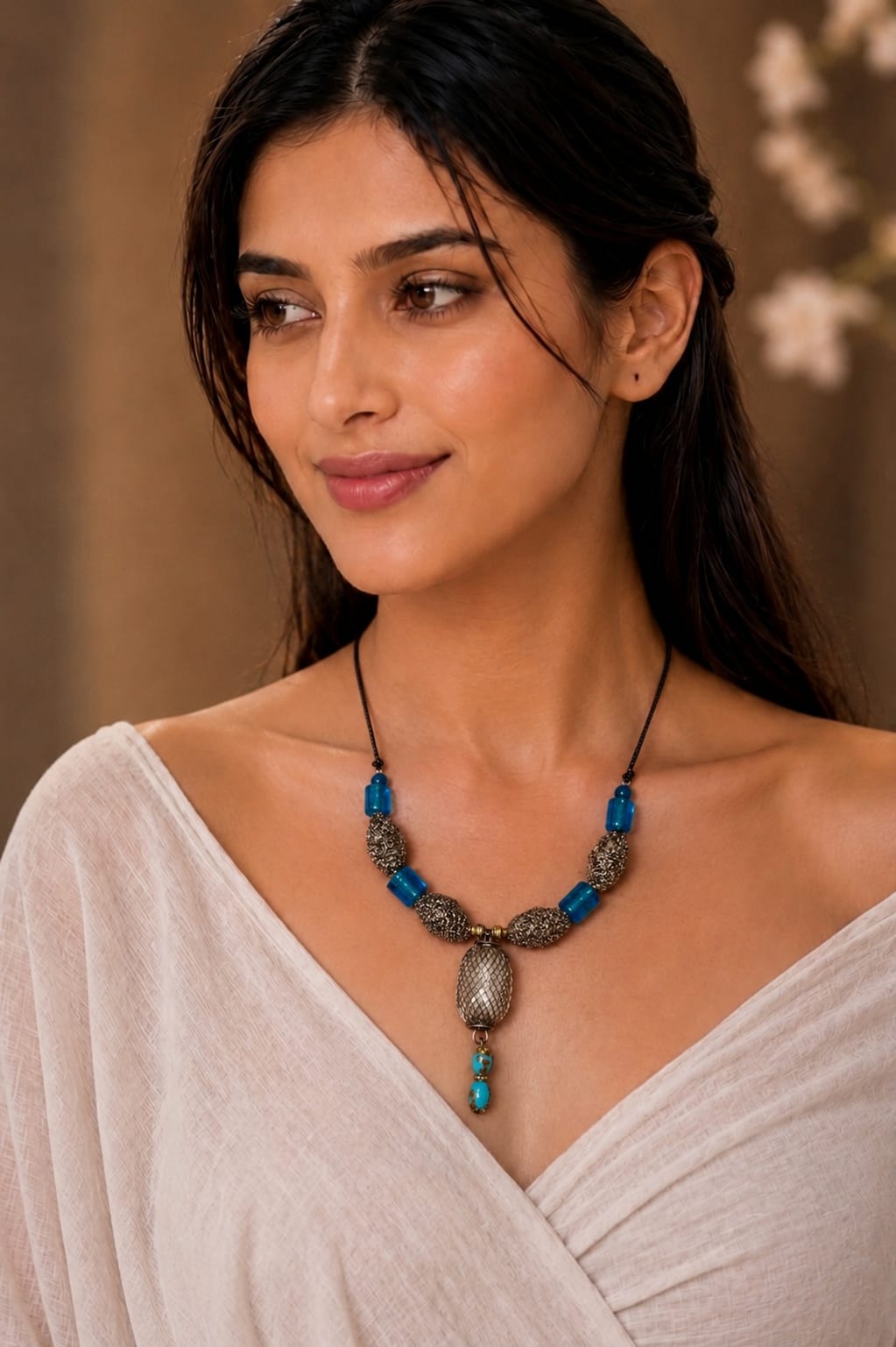 Sitara Blue Glass & Silver Filigree Necklace