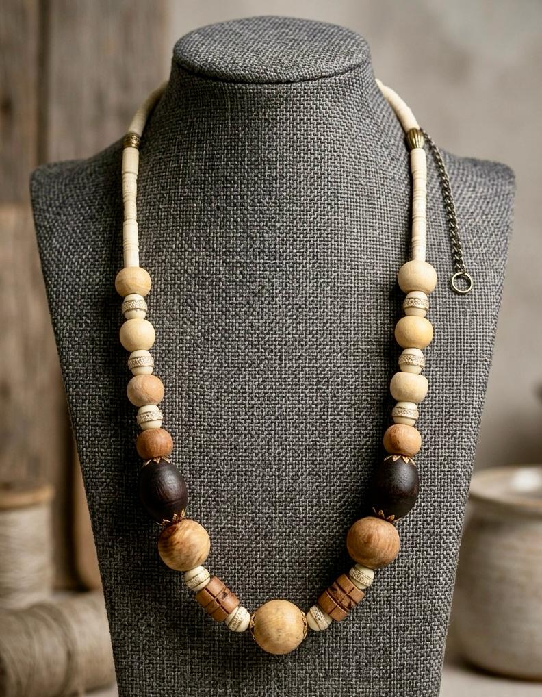 Kaanti Wood and Bone Beaded Tribal Boho Necklace for Women