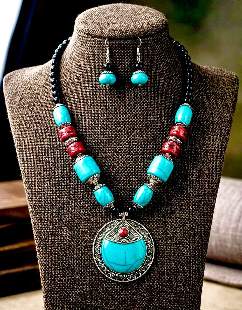 Tibetan Turquoise Coral Chunky Bead Statement Necklace