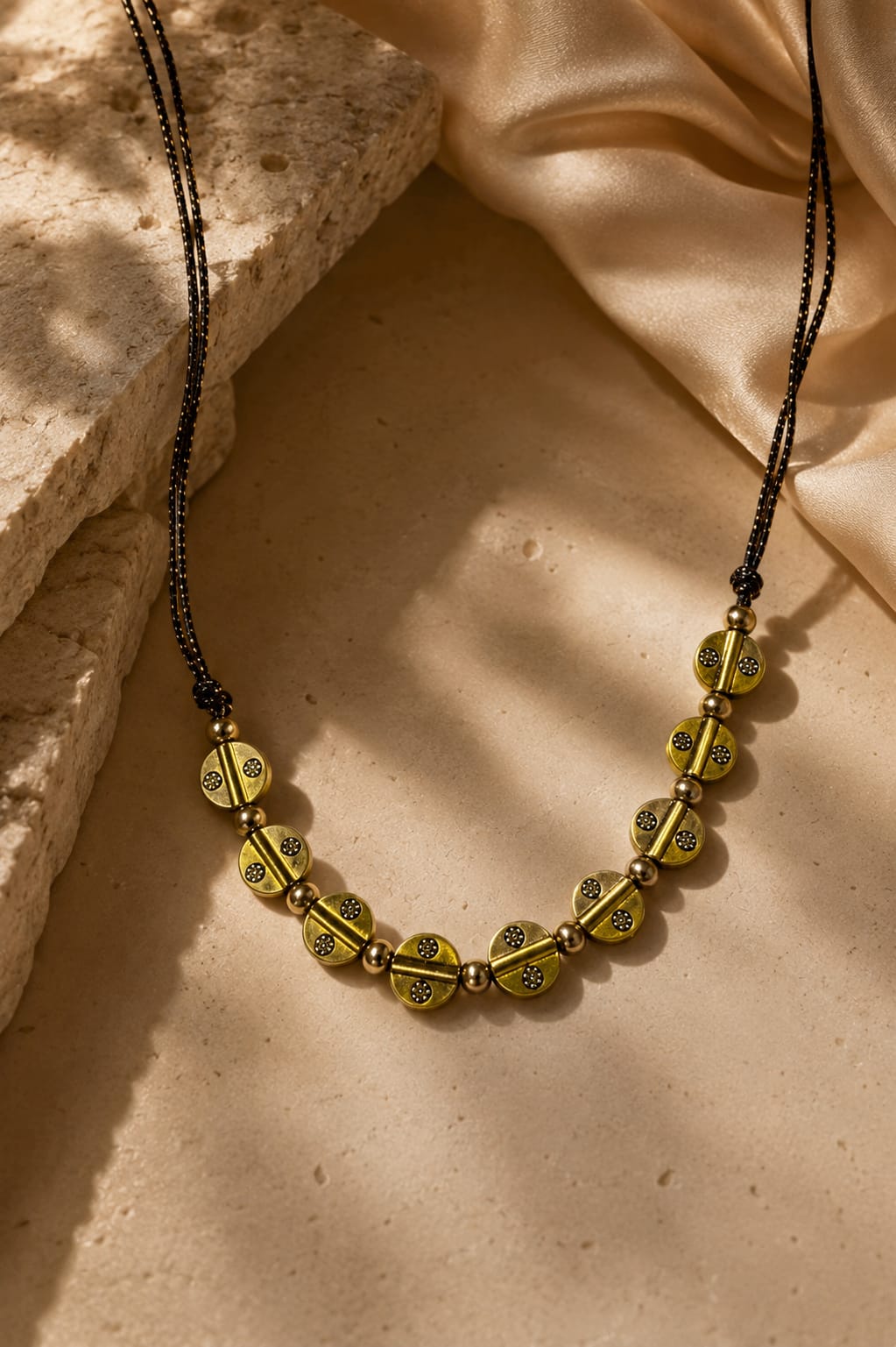 Rehana Brass Disc Black Bead Necklace Set