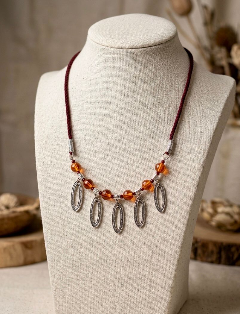 Silver Oval Frame Fringe Amber Glass Bead Necklace